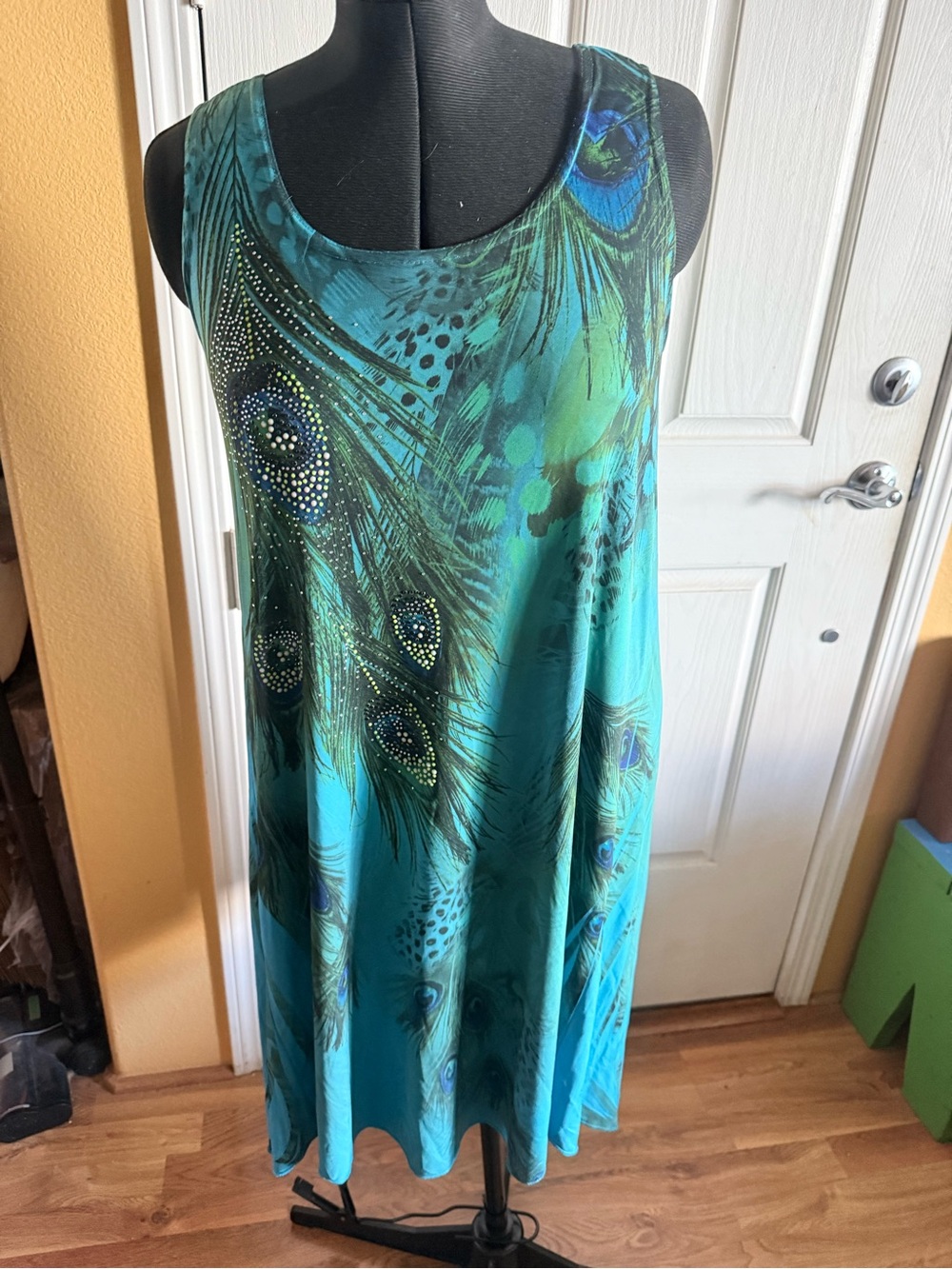 Teal Peacock-Print Sleeveless Swim Coverup Dress